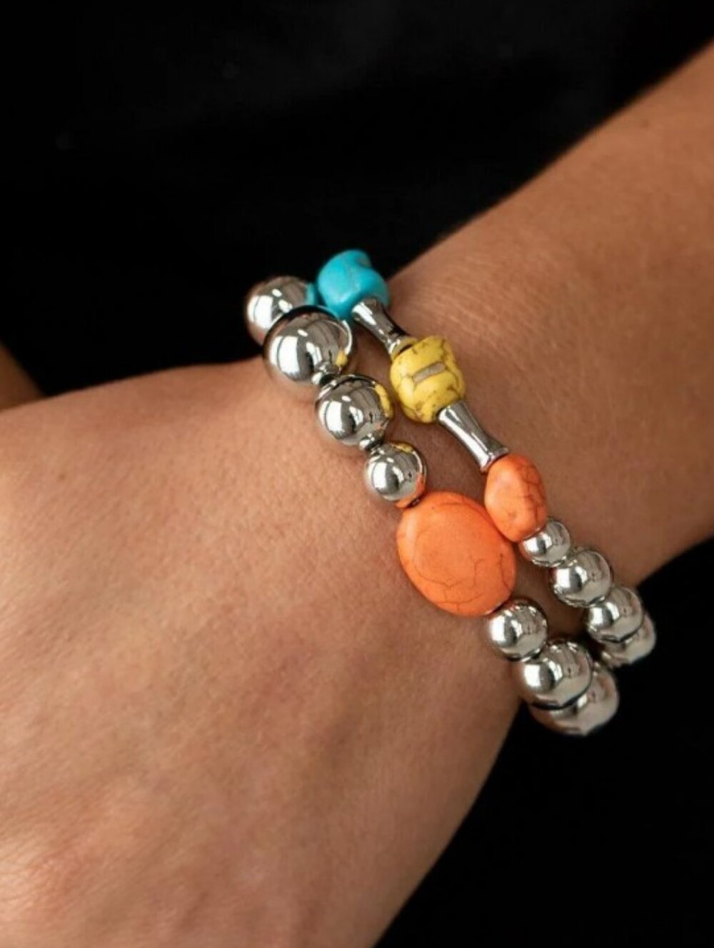 paparazzi Orange Turquoise Yellow Bead Silver-Tone Stretch Bracelet